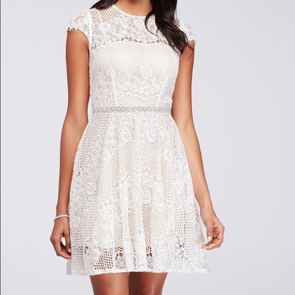 Short Cap Sleeve Lace Dress With Beaded Waist